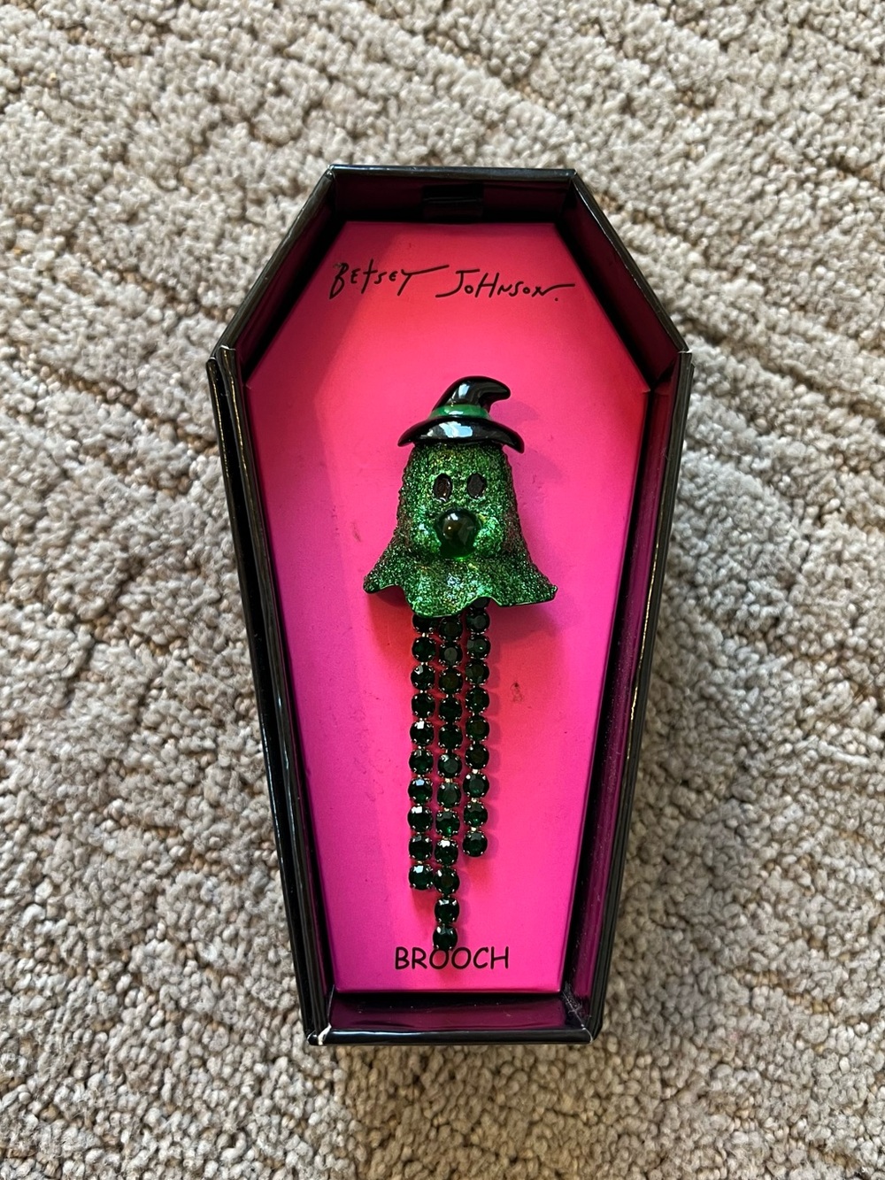 Betsey Johnson Green Glitter Ghost Brooch with Witch Hat and Dangles